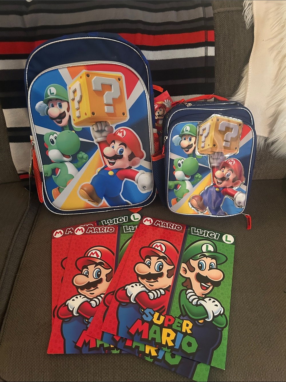 Super Mario Kids Backpack & Lunchbox Set - Blue/Red/Green and folders